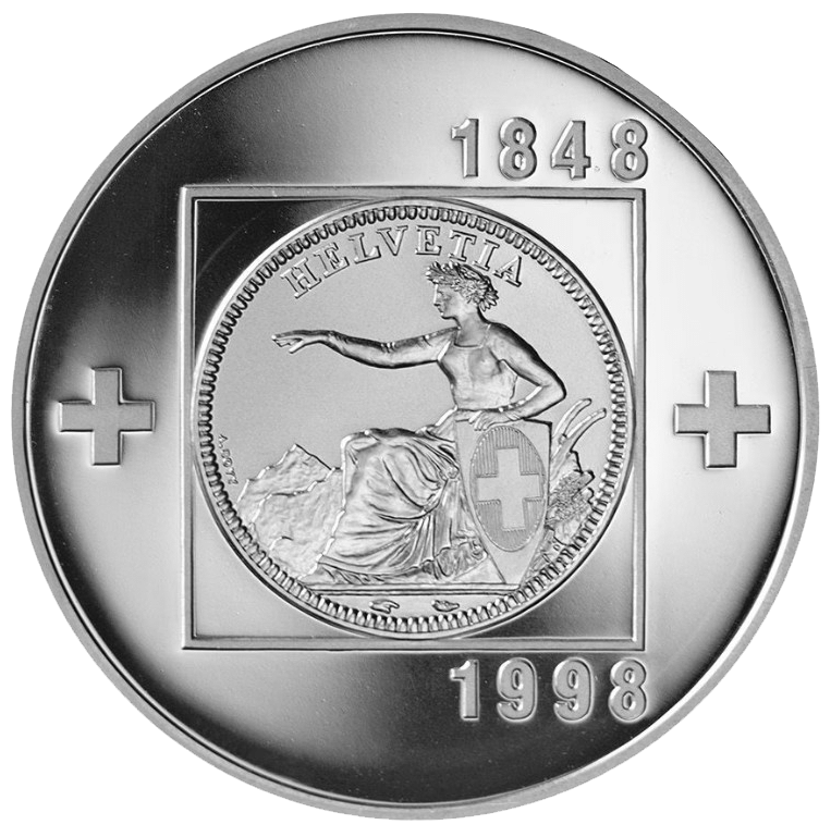 Commemorative Swiss coin, Helvetia seated with shield and mountains, dated 1848–1998.