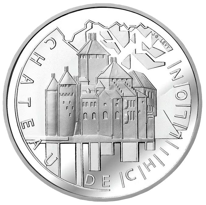 Close-up of a silver commemorative coin depicting a medieval castle with towers and gates, surrounded by German inscriptions along the rim.