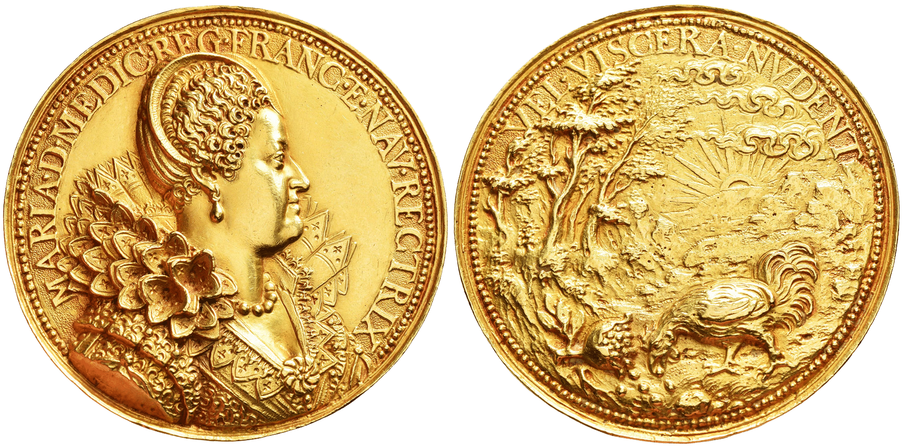 Two gold coins side by side: one shows a regal profile of a queen with ornate clothing; the other depicts a pastoral scene with a rising sun and countryside trees, both with detailed borders and inscriptions.
