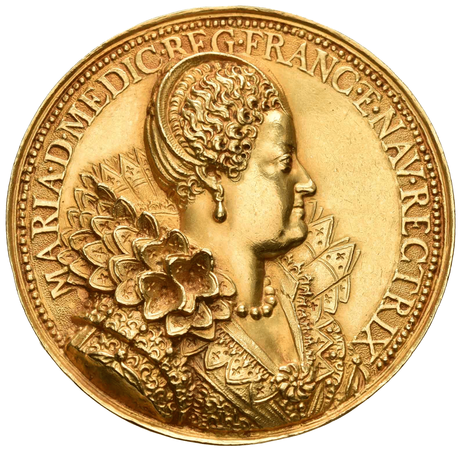 Gold coin showing a right-facing bust with an ornate collar and flower details, surrounded by script along the edge