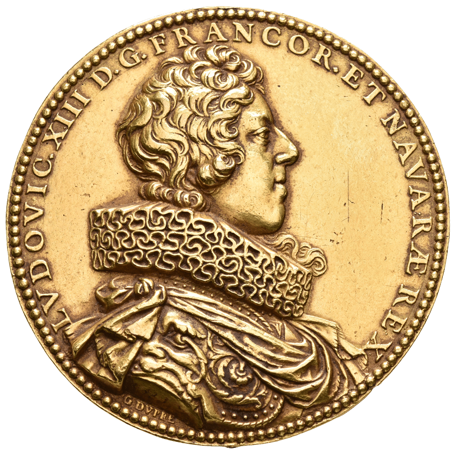 Gold coin featuring a left-facing bust of a man in an ornate ruff, with a Latin inscription circling the edge.