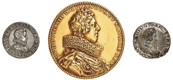Three historical coins arranged left to right: small silver coin, large gold coin with a portrait in profile, and another small silver coin.