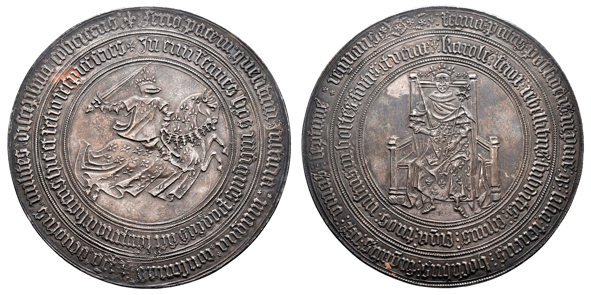 Pair of ancient silver coins with Gothic script borders; left shows a knight on horseback, right shows a regal figure on a throne, both sides richly engraved.