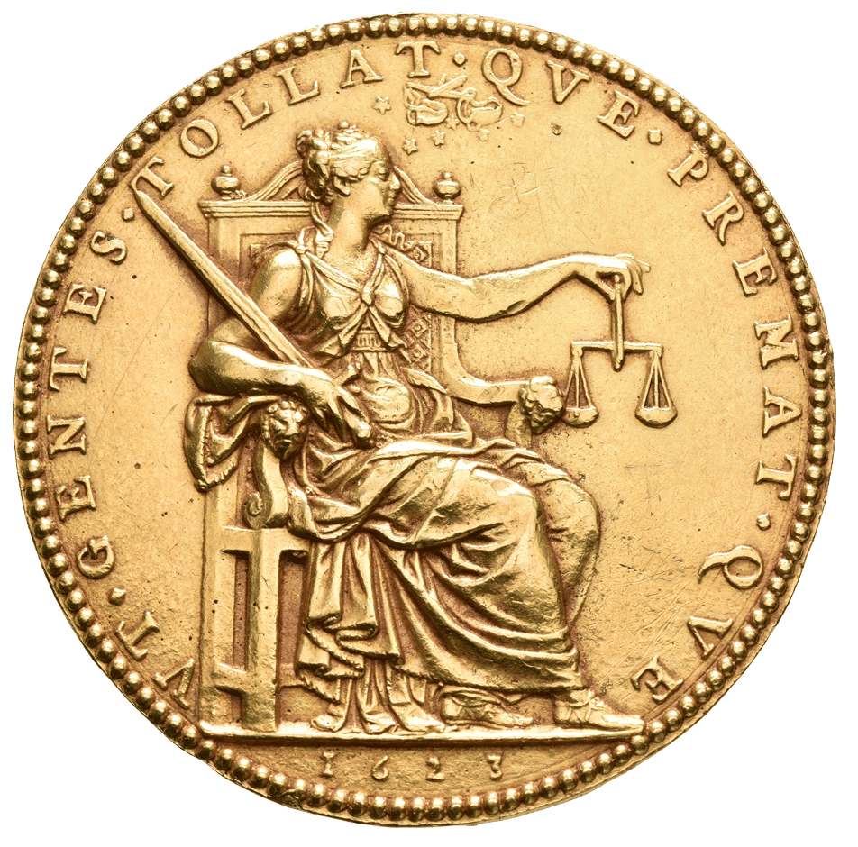 Gold coin featuring a seated Justice figure holding scales in her right hand and a sword resting beside her on a throne.