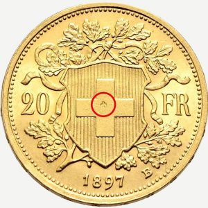 Schweiz, 20 Franken 1897 Gondo-Gold, Revers mit Kontermarke